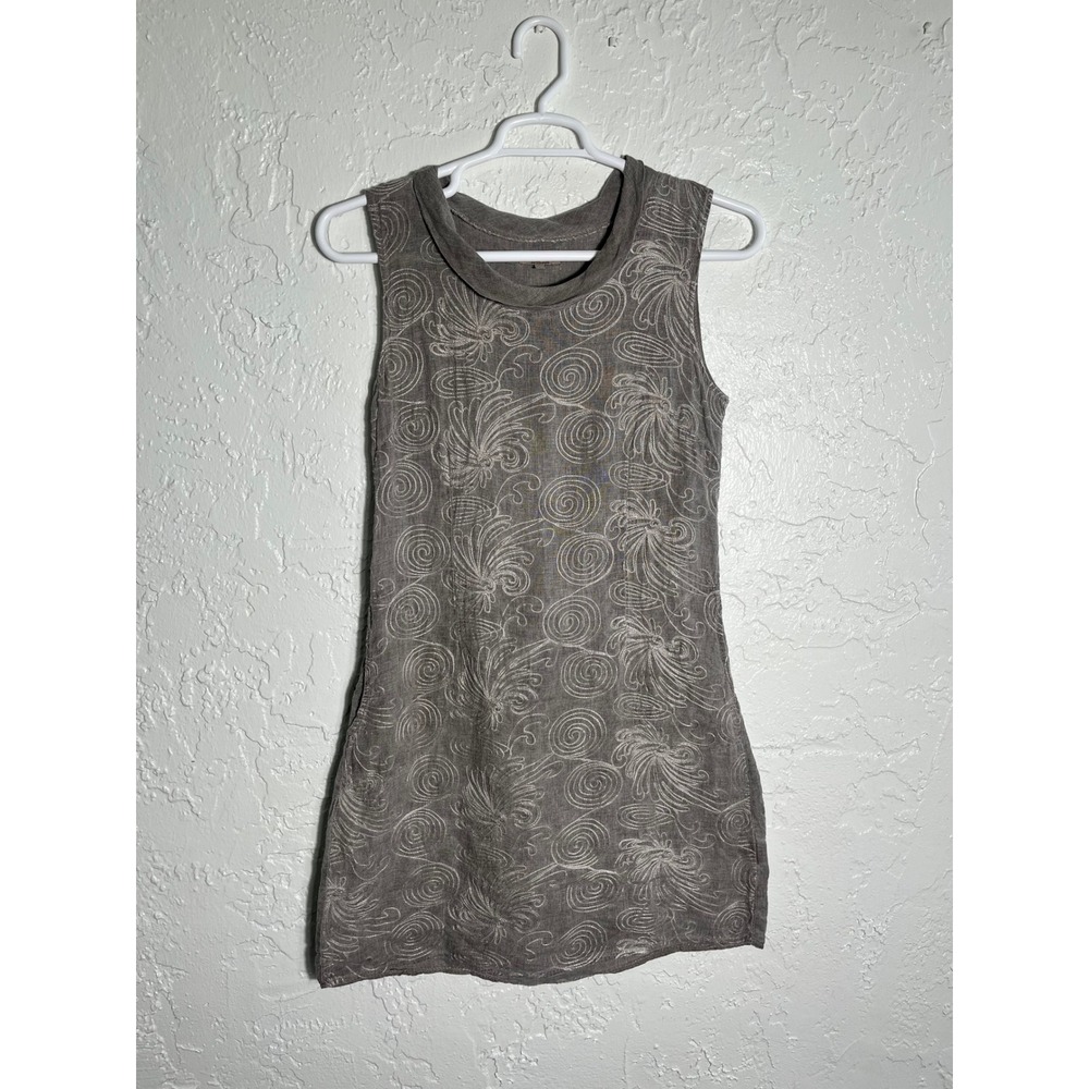 Lina Tomei Made in Italy Linen Embroidered Sleeveless Shift Dress Taupe Grey M